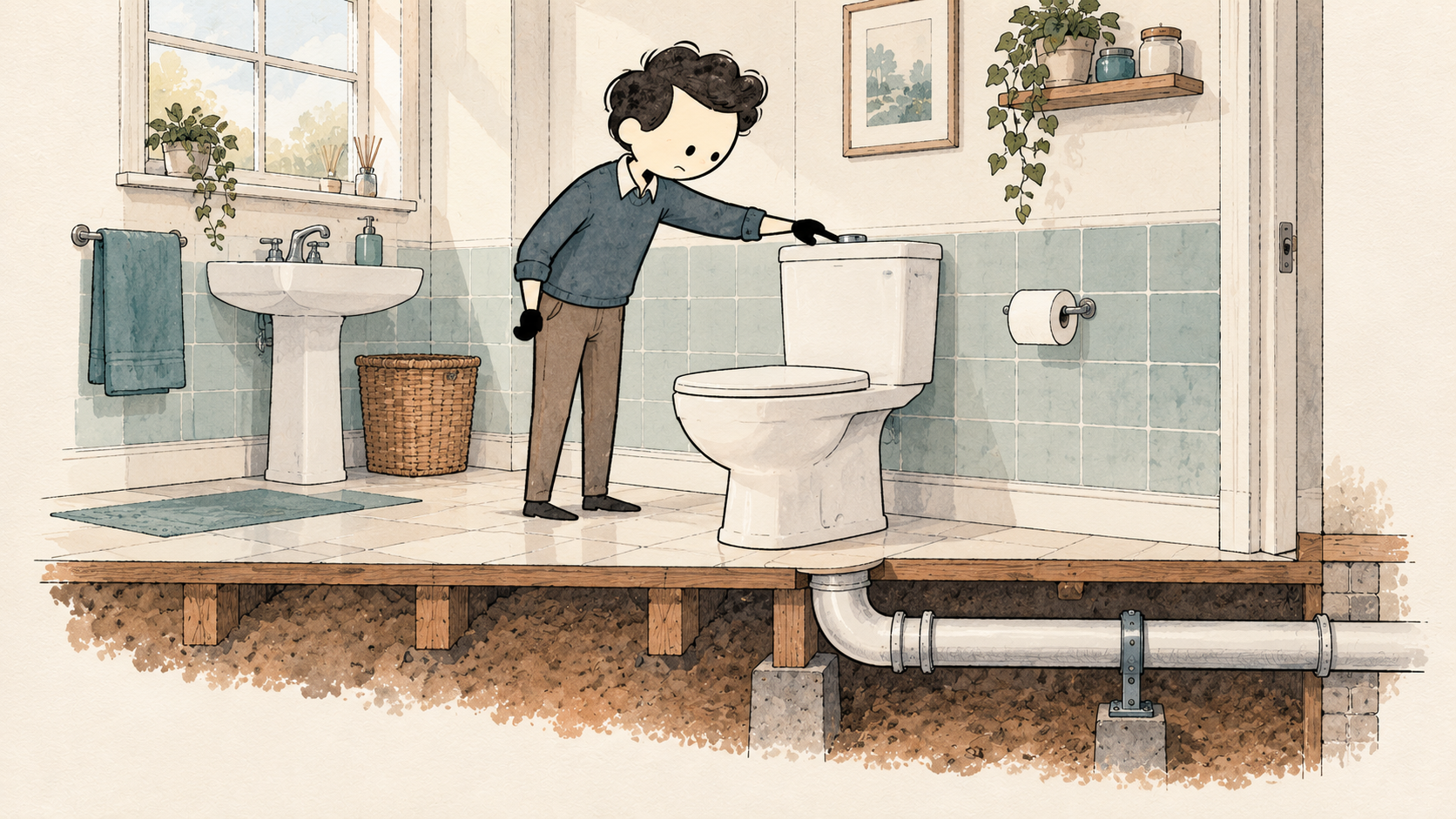 An illustrated bathroom with the sanitation pipe visible below the floor